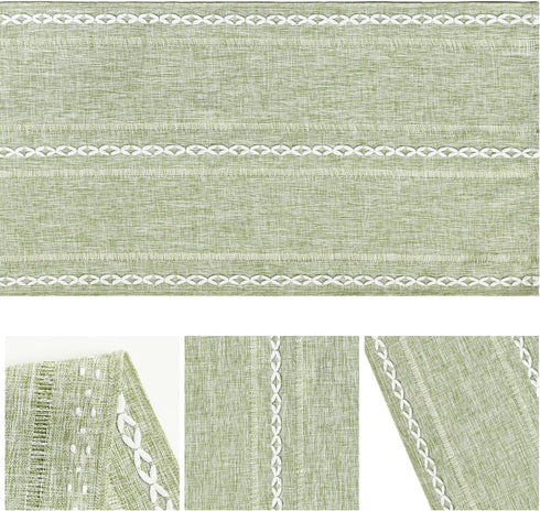 13x72 Inch Artoid Mode Sage Green Rustic Cotton Linen Table Runner, Seasonal Embroidered Hollow Kitchen Dining Table