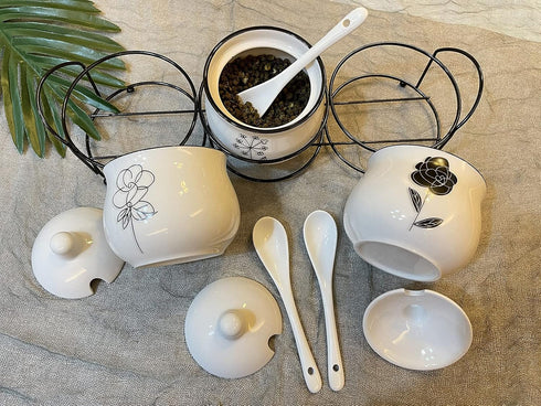 Set, 230 ML,3 Ceramic Spice & sugar Jars, with Lids Spoons and Shelf,Porcelain Condiment Kitchen Jar Spice Container