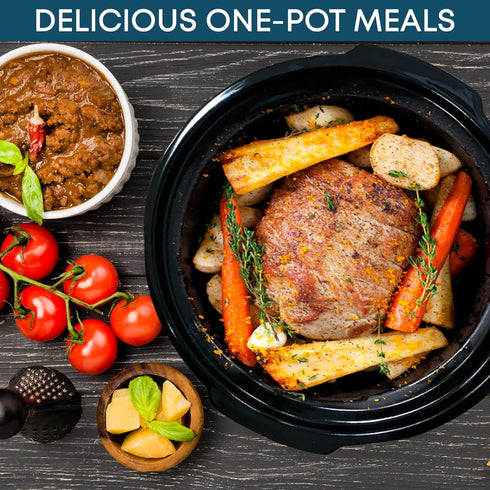 Elite Gourmet MST239X Electric Round Slow Cooker, 2 Quart, Adjustable Temp, Black, Dishwasher Safe Glass Lid