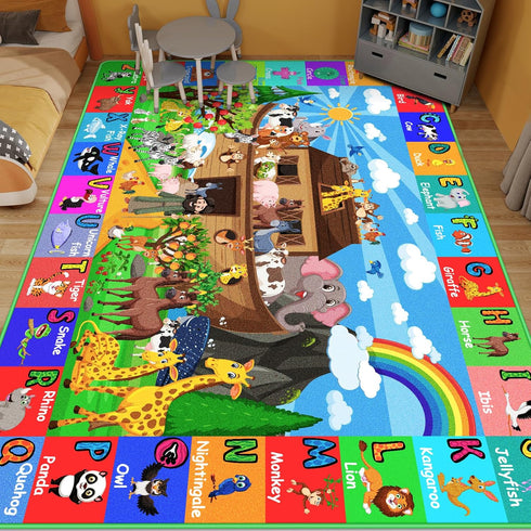 DINSUMRUG 5939.4 Tummy ABC Kids Rug for Playroom in Noah's Ark Animals Rug Baby Play Mat Alphabet Mat Shape Color