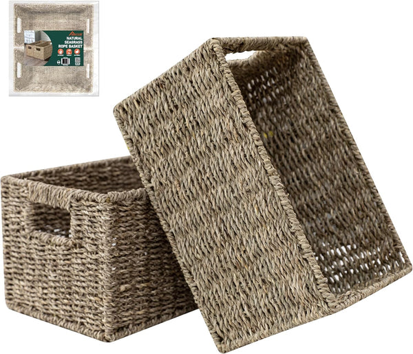 HOMESTEAD Seagrass Baskets with Built-in Handles for Storage, 13.5" x 8" Medium Rectangular Wicker Basket, 2 Packs