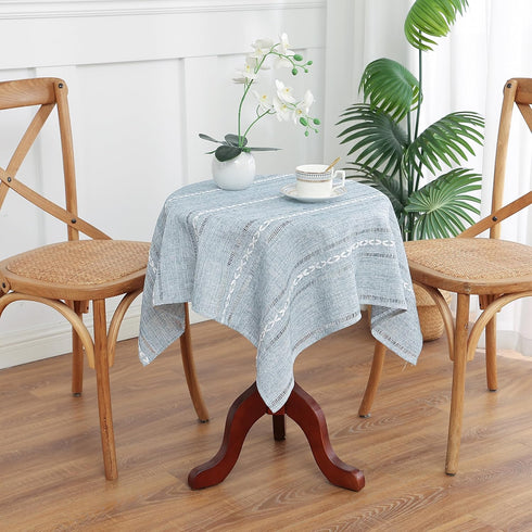 Gernaice Boho Striped Small Square Tablecloth 24x24 Inch, Premium Linen Blend with Cutwork