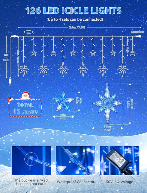 Outdoor,126 12 8 Star Icicle Lights Led Star Hanging String Light with Modes,Waterproof Connectable Fairy Star Window