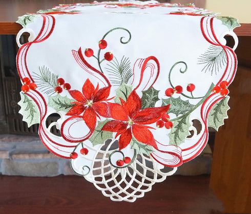 Holiday Christmas Table Runner, 13"x34", Cutwork Embroidered Floral Dresser Scarf for Home Dining
