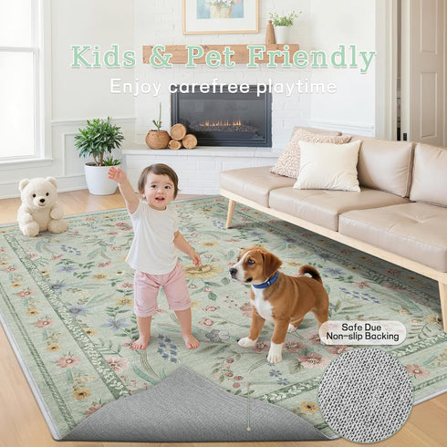 Girls,5x7 Green Floral Rug for Washable Botanical Bedroom Rug for Nursery, Playroom or Kids Room,Soft Non-Slip Carpet