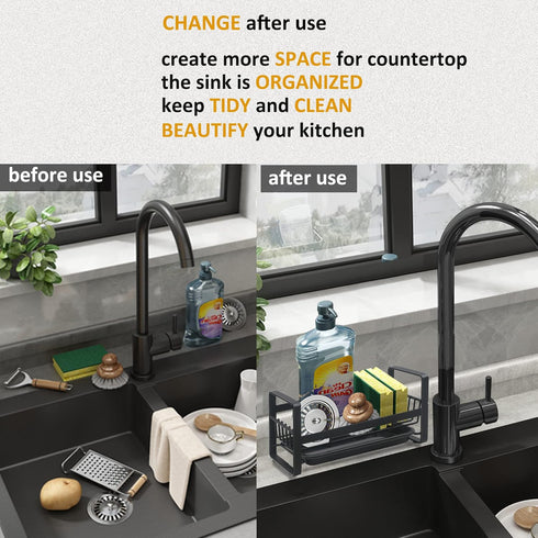 Kitchen Sink Caddy Organizer with Removable Front Drain Pan, Black Sponge Holder for Soap and Dish Rags Storage