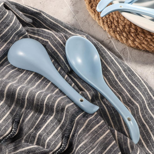 Artena 6.75 inch Solid Asian Soup Spoon Set of 6, Ultra-fine Porcelain Ramen Spoons for Pho, Miso, Dumpling, Blue