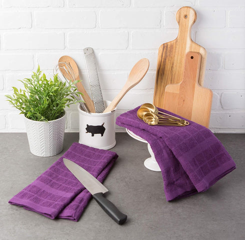 DII Basic Terry Collection Windowpane Dishtowel Set, 4 Piece, Eggplant Solid, 16x26