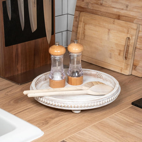 CozyHavenShop Counter, Round Wood Tray for Centerpiece Table Decoration, Rustic Beaded Wooden Tray Decor for Dining