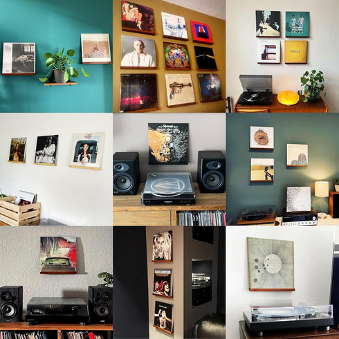 Vinyl Record Wall Mount - 3 Elegant Display Ledges Made from Solid Wood for Records of Any Size (Brown)