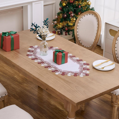 Winotic 90 inches (16 x90, White Dark Red Floral Lace Jacquard Table Runner Dresser Scarf Long for Kitchen Dining