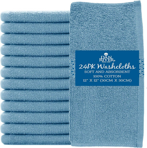 DAN RIVER 100% Cotton Washcloths, 24 Pack, Quick Dry Essential Towels for Bathroom, 12X12 in, Blue
