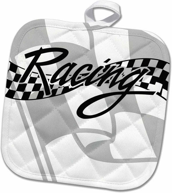 3D Rose Racing Black and White Checkered Flag Pot Holder, 8" x 8"