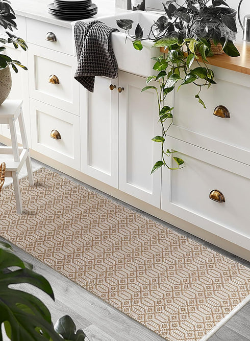 The Beer Valley Hand Woven Geometric Runner Rug 2'x6', Beige Non-Slip Long Carpet for Hallway