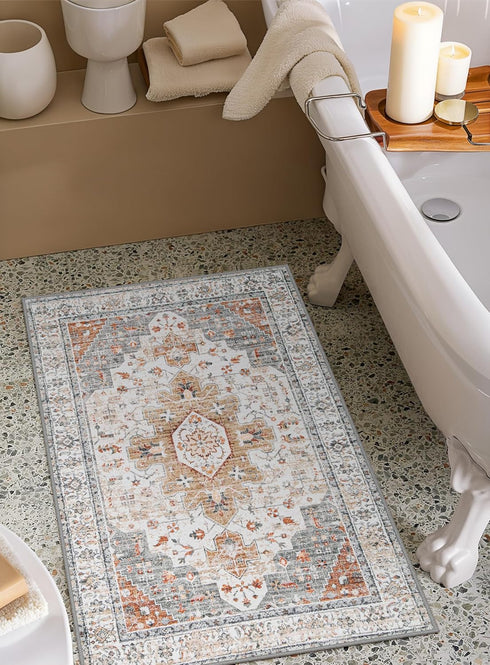 Moynesa Ultra-Thin Washable Entryway Rug 2x3, Small Non Slip Kitchen Rugs for Indoor Vintage Throw Mat, Beige/Gold