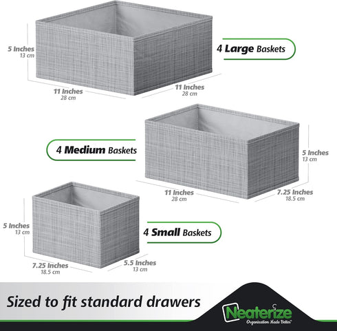 Drawer Organizer Clothes Set of 12 Grey - Dresser Organizer for Nursery, Bedroom, Closet