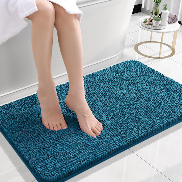 OLANLY 24x16 Bathroom Rugs, Extra Soft Chenille Bath Mats, Non-Slip, Quick Dry, Machine Washable, Peacock Blue