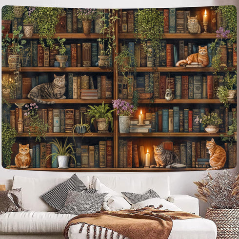 40X30 Inch GOAOK Magic Library Tapestry, Green Nature Plant Bookshelf Tapestries for Classroom, Vintage Retro Witchy
