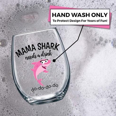 Mama Shark Needs a Drink Funny Stemless Wine Glass - Mom Gift for Birthdays, Mother's Day, Holidays