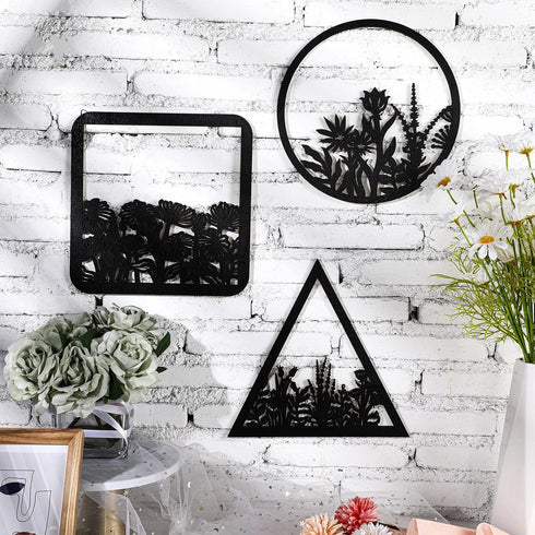 3 Pieces Geometry Wall Art, Dark Black Wooden Floral Wall Decor for Home Dining Room Christmas Favor
