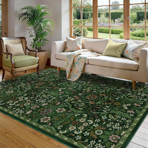 57 Dark Green Washable Floral Area Rug,Vintage Boho Soft Low-Pile Living Room Rugs, Stain Resistant Botanical Non-Slip