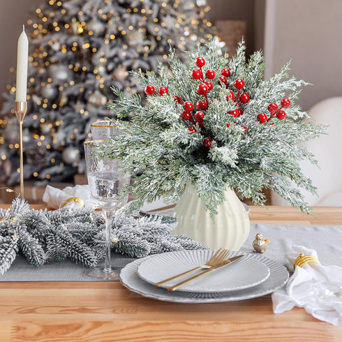 Watayo 60 Pcs Artificial Christmas Snow Pine Branches with Red Berry Stems, Snowy Faux Greenery Norfolk Pine Cypress