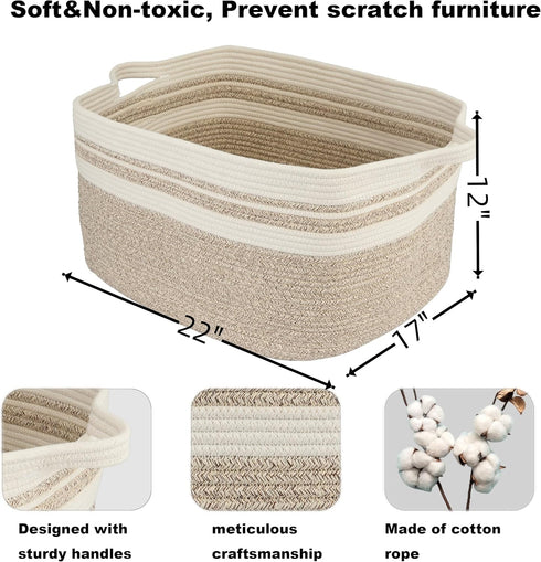 Large Rectangle Blankets Basket, 22"x17"x12" Woven Cotton Rope Storage Basket for Nursery Toy Basket, White Brown