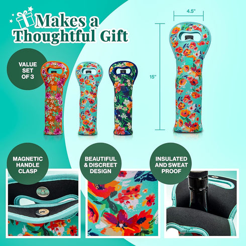 Made Easy Kit Insulated Wine Tote - Neoprene Wine Carrier Bag with Magnetic Handle Clasp, Set of 3 (Floral Patterns)