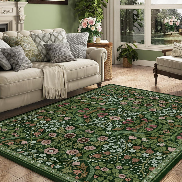 5x7 Green Floral Washable Area Rug for Living Room, Non-Slip Soft Vintage