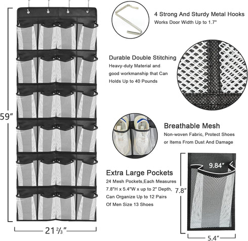 Over the Door Hanging Shoe Organizer with 24 Large Mesh Pockets - Shoes Holder/Black by Venls