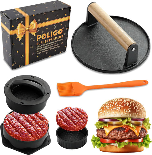 POLIGO Smash Burger Press Kit - 4 in 1 Hamburger Patty Storage