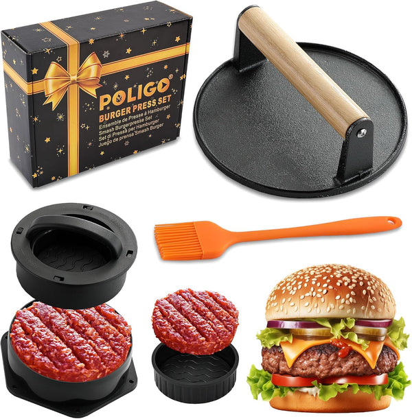 POLIGO Smash Burger Press Kit - 4 in 1 Hamburger Patty Storage