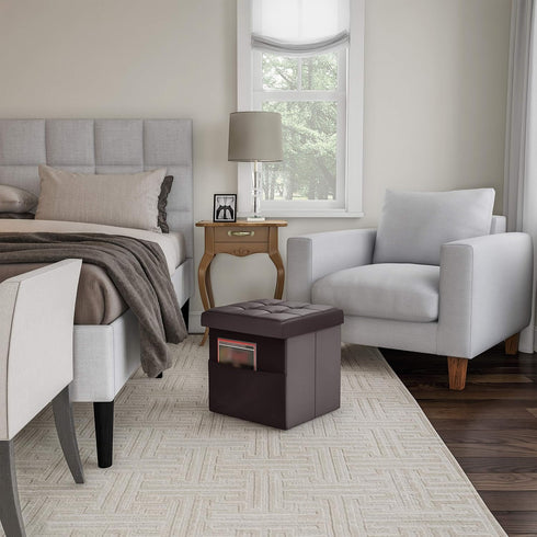 Lavish Home Foldable Storage Cube Ottoman with Pocket Tufted Faux Leather Footrest Organizer for Bedroom, Living Room