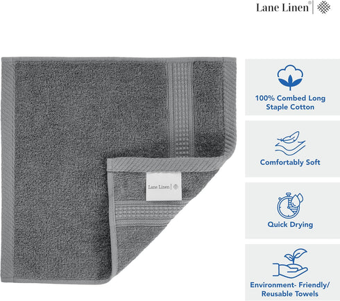 Set 12 13x13 inches LANE LINEN Washcloths - Soft Cotton Washcloths for Bathroom - - Well Stitched Edges, Softer, Highly