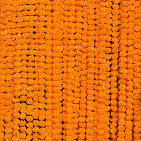 Marigold Garland for Decoration, 5 Feet Long Strands of Artificial Flowers, Indian Décor for Wedding, Christmas, Events