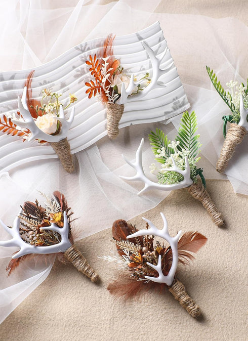 Woodland Boutonniere Set for Men - 2PC Handmade Greenery Corsage, White Antler for Wedding, Groomsmen, Formal Events
