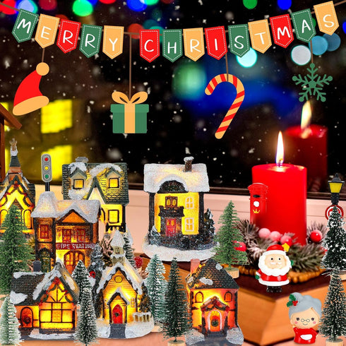 29 Set Woanger Pieces Christmas Village LED Lighted Houses for Christmas Village Xmas Scene Figurines Decoration