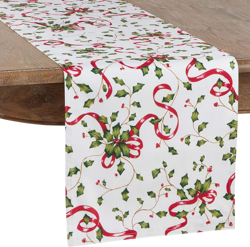 SARO LIFESTYLE Holiday Collection Table Runner, Holly and Ribbon Design, 16" x 72", Multi (3175.M1672B)