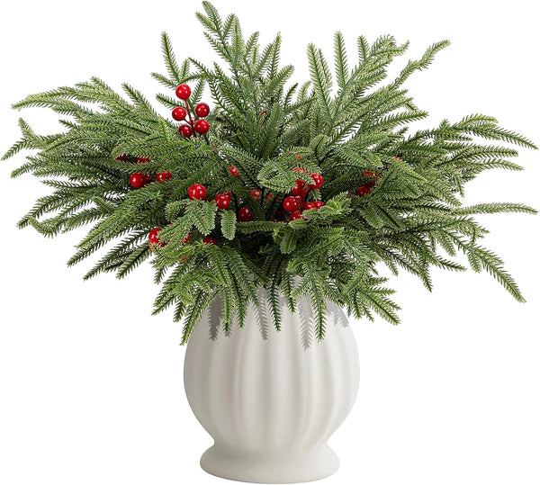 Watayo 60 Pcs Christmas Norfolk Pine Branches with Red Berry Stems, 14" Artificial