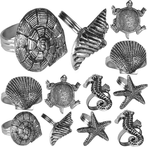 ALPHA Living HOME Silver Napkin Rings - 12-Piece Set of Premium 100% Metal, Antique Coastal Sea Shell Tabletop D cor