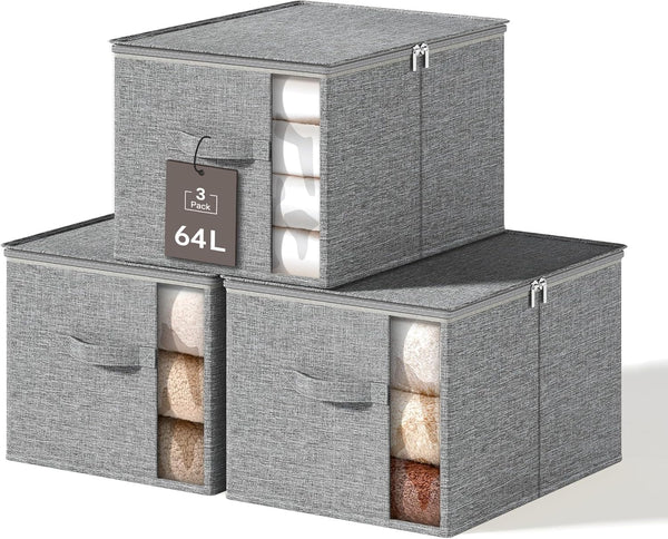 Large Clothes Storage Bins with Sturdy Frame, Foldable Organizer Box for Blankets, Seasonal Clothes, Comforter