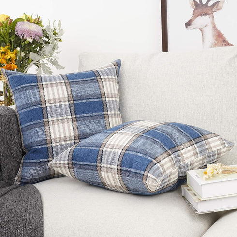 YOUR SMILE Set of 2 Retro Farmhouse Decorative Throw Pillow Case – Buffalo Tartan Plaid Cushion Cover, Navy Blue, 22x22
