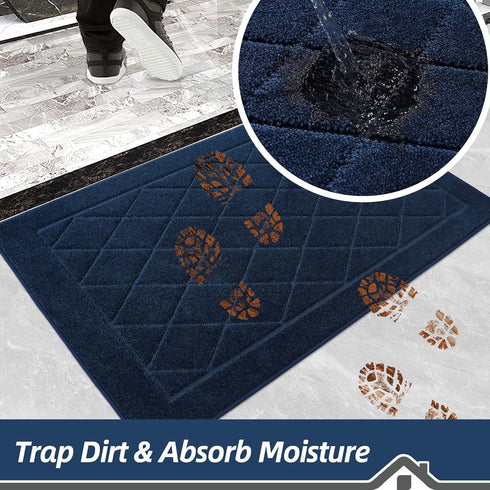 BEQHAUSE Dirt Trapper Door Mat 20" x 32", Non-Slip Machine Washable Entryway Rug, Navy Blue