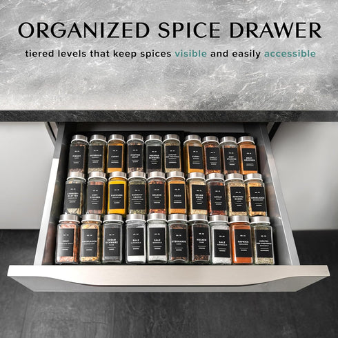 Plastic Spice Drawer Organizer, Expandable Rack for Drawer, Black Seasoning Organizer for Cabinet (Jars Not Included)