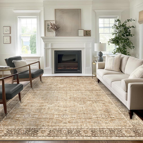 5x7 Beige Washable Rug for Living Room Large Vintage Distressed Bedroom Rug