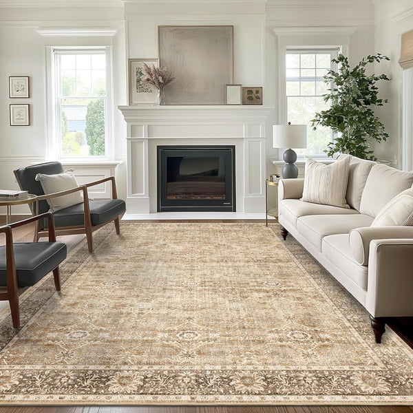 5x7 Beige Washable Rug for Living Room Large Vintage Distressed Bedroom Rug