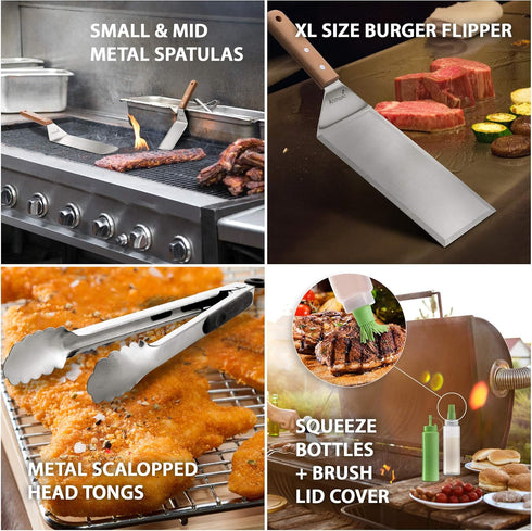 Metal Spatula Set of 6 - Griddle Accessories Kit for BBQ Grill, Flat Spatula, Pancake Flipper, Hamburger Turner