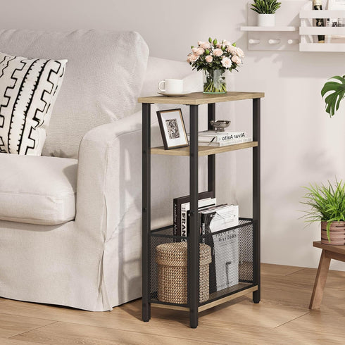 MMEOLUOOK 3 MLBZ22GR Narrow Side Table with Storage Basket Skinny End Tables for Smalls Spaces Tier Sofa Table Small