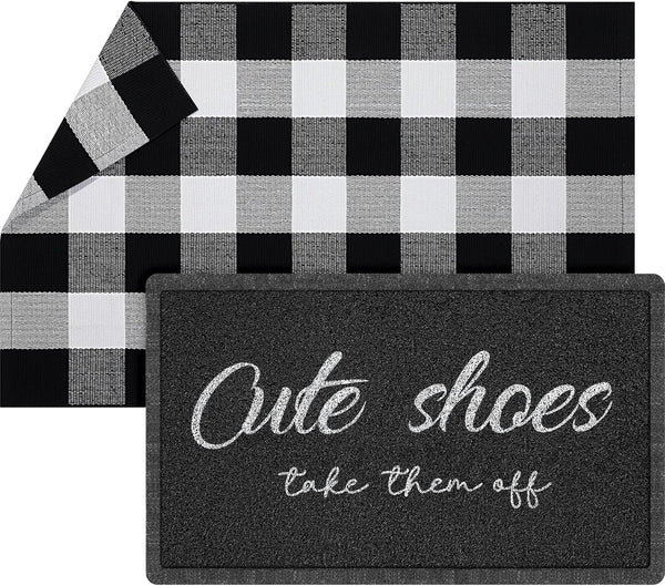 Geelin 2 Pcs Cute Shoes Take Them Off Doormat - 30'' x 18'' Rustic Buffalo Outdoor Rug, 43'' x 27.5'' Welcome Door Mats