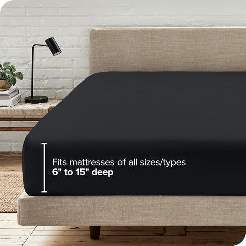 Bare Home Fitted Bottom Sheet, Queen Size, Premium 1800 Microfiber, Ultra-Soft, Deep Pocket, Black